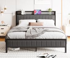 King Size Bed Frame with Storage Upholstered Headboard Shelf,5ft Metal King Bed Frame with Storage