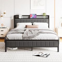 King Size Bed Frame with Storage Upholstered Headboard Shelf,5ft Metal King Bed Frame with Storage