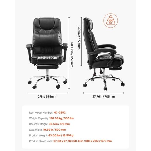 Executive Chair High Back Office Chair with Footrest and Lumbar Pillow Ergonomic Desk Chair 135 Recline & Adjustable Height, PU Leather Swivel Rolling Chair for Work Study Game Black