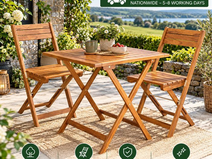 3 Piece Folding Garden Furniture Set  Acacia Wood Table & 2 Chairs