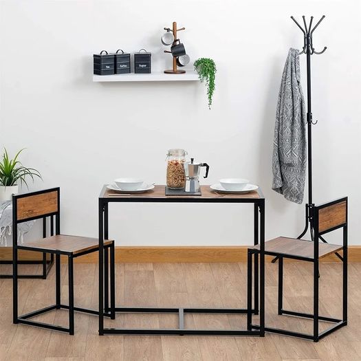 Brown & Black 2 Seater Compact Dining Set - 2 Chairs and Table - Two Person Kitchen Dinner Small Space Saving Wood Contemporary Finish