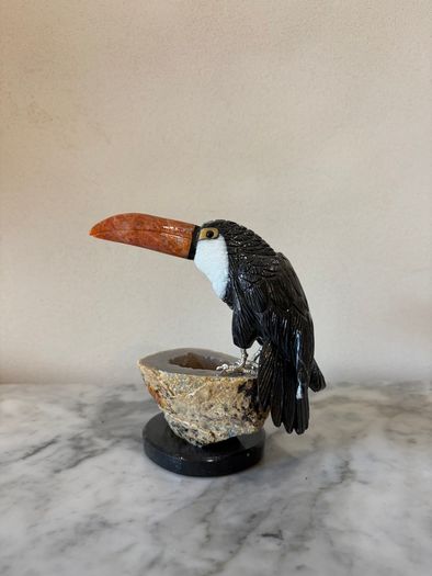 Hand-Carved Gemstone Toucan on Agate Geode Base