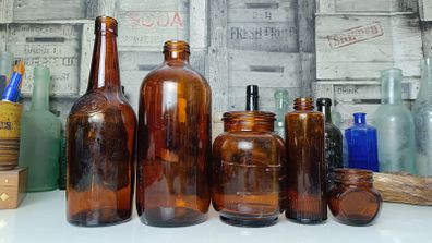 436 - Set of 5 Vintage Amber Glass Collectible Decorative Bottles