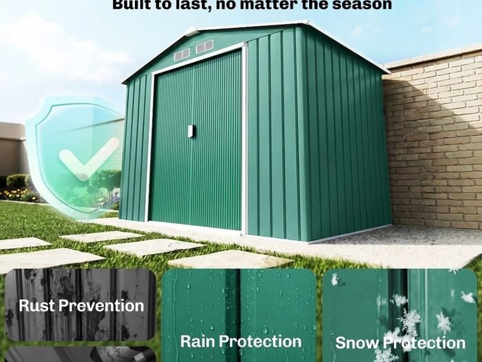 New 7ftx 4ft Lockable Garden Shed Large Patio Roofed Tool Metal Storage Building Foundation Sheds Box Outdoor Furniture,Green