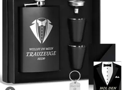 Groomsman Gift Set: Hip Flask, Cups & Funnel (Willst Du Mein Trauzeuge Sein?)