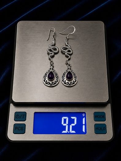 Vintage 925 Sterling Silver & Colour Changing Amethyst Witchy Gothic Snake Earrings