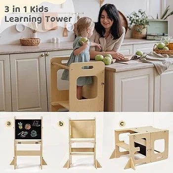 Learning Tower for Children, Foldable Montessori Learning Tower, 3 in 1 Learning Stool with Blackboard, Montessori Kitchen Helper Learning Tower from 18 Months (Wood)