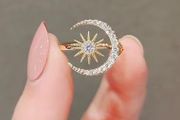Crescent Moon Star Adjustable Crystal Gold Tone Ring