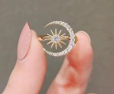 Crescent Moon Star Adjustable Crystal Gold Tone Ring