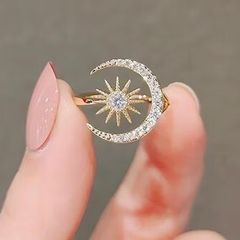 Crescent Moon Star Adjustable Crystal Gold Tone Ring