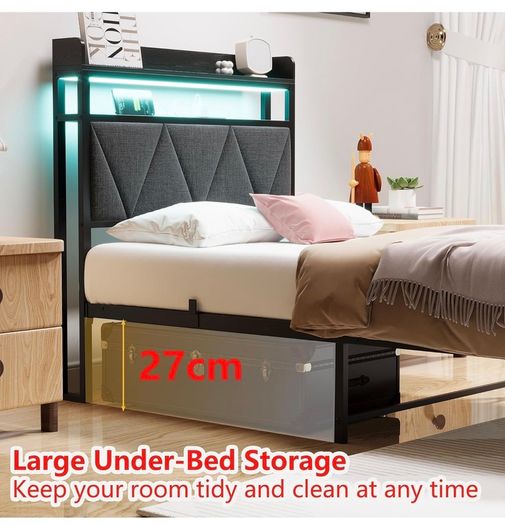 Single Bed Frame with 3ft Upholstered Wooden Storage Headboard, Grey Single Bed Frame with LED Lights & USB Charging, 90x190cm Two-shelf Storage Headboard, Heavy Duty Slats for Small Bedrooms