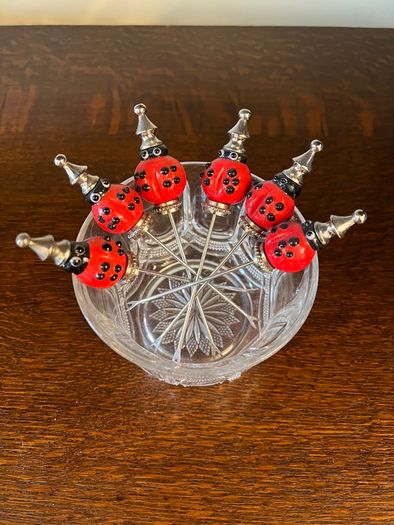 Vintage Ladybird Cocktail Picks in Glass Holder