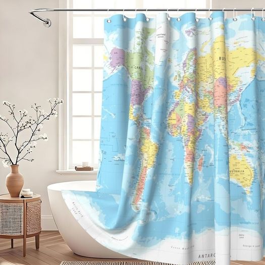 World Map Shower Curtain Waterproof Machine Washable Geography 180 x 240 cm  Blue