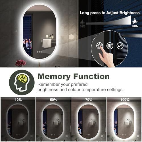 Bathroom Mirror with LED Lights 500x800mm Oval Wall Mirror Bluetooth Led Mirror Anti-Fog, 3000K-6500K, Dimmable