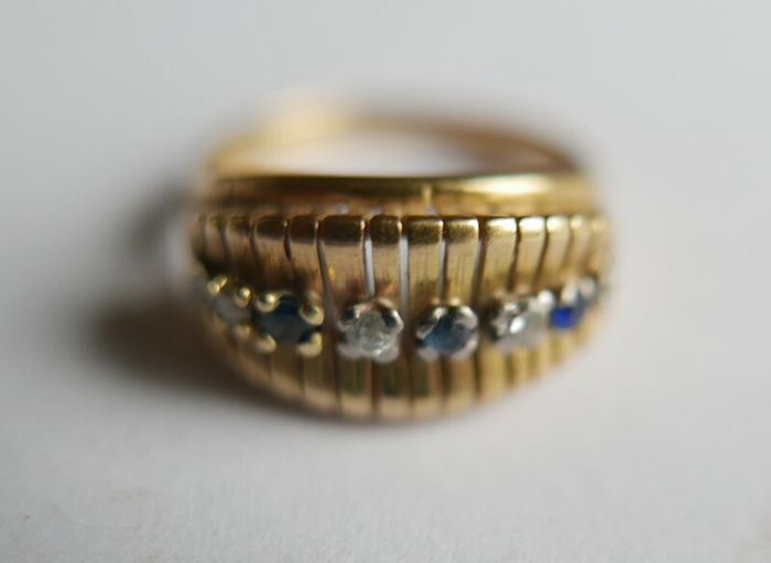 Victorian 14K Gold Two Stone Sapphire & Diamond Ring size L1/2 - 5,1g