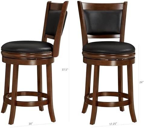 Bar Stools Set of 2 Swivel Counter Stool, Wood Frame Kitchen Island Stool-Chair, 24in Upholstered Barstool with Backrest & Footrest, Cappuccino, 61cm Seat Height
