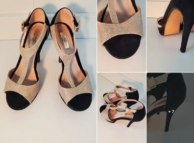 Black and gold t-bar high heels - size 38