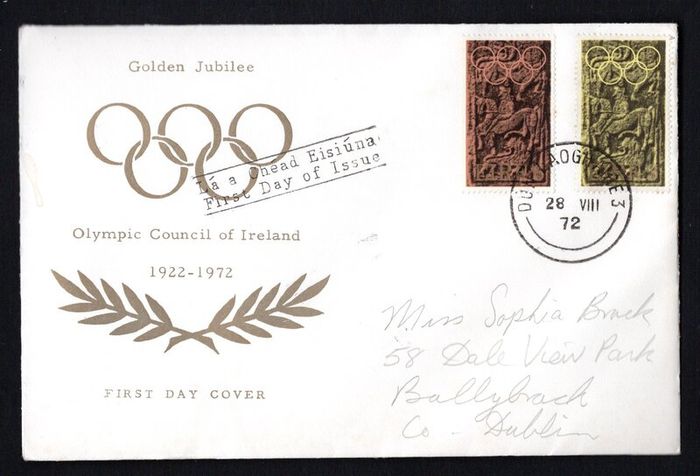 1972 Ireland 50th Anniversary of the Foundation of The Olympic Council of Ireland Commemorative Stamp Stamp Harp Cover Club First Day Cover (FDC)