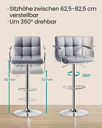 2pcs Adjustable Height Bar Stool Stainless Steel With Armrest Footrest