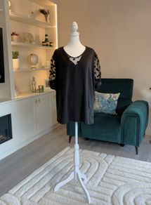 Ladies Black Short-sleeve Top Features Sheer polka-dot mesh sleeves