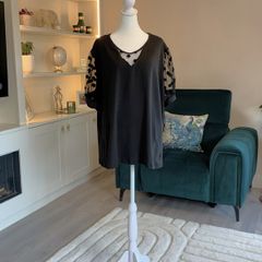 Ladies Black Short-sleeve Top Features Sheer polka-dot mesh sleeves