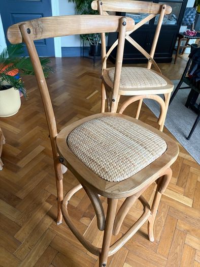 2 x oak and rattan bar stools