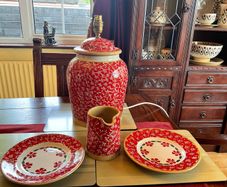 Nicholas. Mosse Red Lawn  first quality items all in perfect condition. Tall lamp, 2 desert plates and a cylinder jug . Individually priced .Pricing the desert plate for this ad