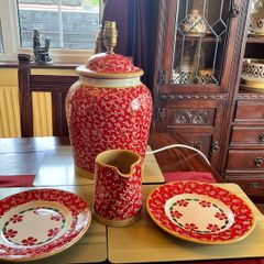 Nicholas. Mosse Red Lawn  first quality items all in perfect condition. Tall lamp, 2 desert plates and a cylinder jug . Individually priced .Pricing the desert plate for this ad