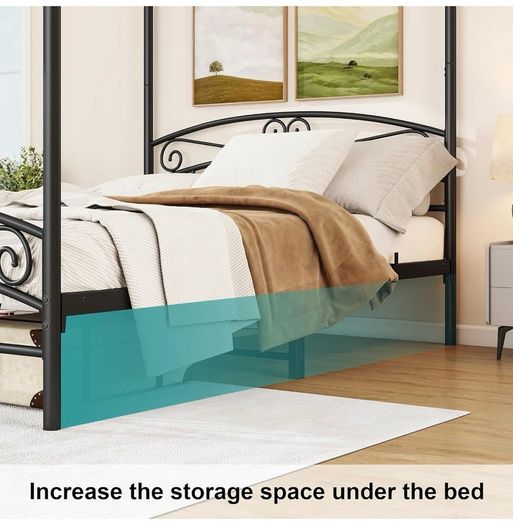 Canopy Bed Frame King Size with Ornate European Style Headboard & Footboard