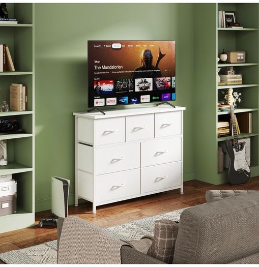 Chest of Drawers for Bedroom with 7 Drawers, Fabric Storage Drawer, Tall White Hallway Storage Unit
