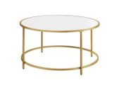coffee table, living room table, round, coffee table, coffee table, with surface made of chipboard and gold-colored steel frame, easy assembly, modern, white-gold