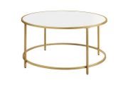 coffee table, living room table, round, coffee table, coffee table, with surface made of chipboard and gold-colored steel frame, easy assembly, modern, white-gold