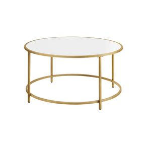 coffee table, living room table, round, coffee table, coffee table, with surface made of chipboard and gold-colored steel frame, easy assembly, modern, white-gold