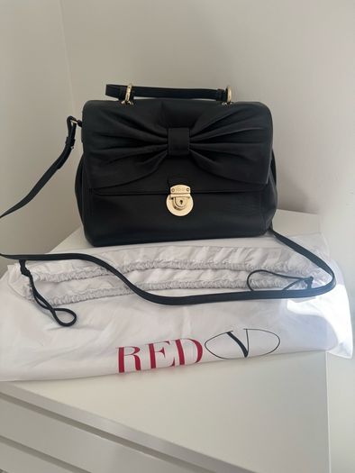 RED V Valentino genuine black leather crossbody bag with large bow and pink interior lining