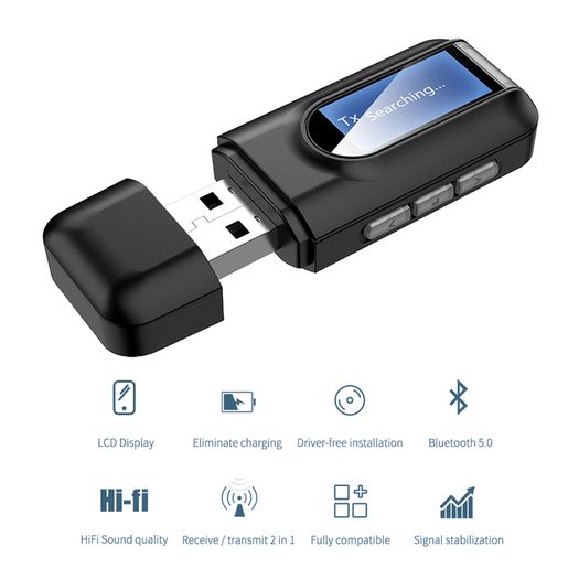 2 In 1 Bluetooth 5.0 Receiver Audio Wireless LCD Display Transmitter Adapter 3.5mm AUX USB Dongle For TV Car PC Headphone Mic