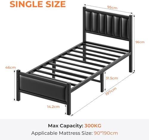 Single Bed Frame with Upholstered Headboard, 3ft Metal Beds with Sturdy Steel Slats Support Platform, Black Single Bed with Storage, Noise Free, Easy Assembly