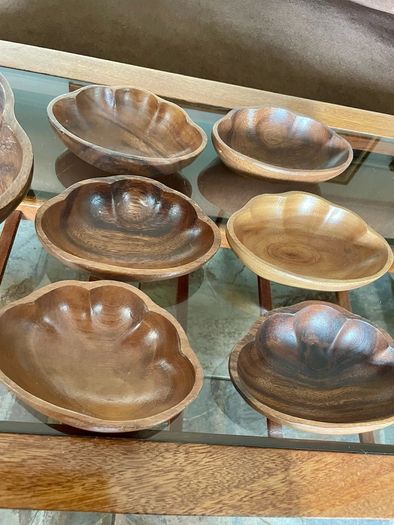 Vintage Carved Acacia Wood Shell Bowl Set 7 Pc Serving Salad Snack Nesting