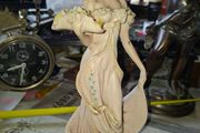 Beautiful Old Figurine distinctive Art Nouveau style of Italian sculptor, depicting an elegant woman in a flowing pastel gown holding a floral arrangement, Postage Available or Collection