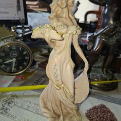 Beautiful Old Figurine distinctive Art Nouveau style of Italian sculptor, depicting an elegant woman in a flowing pastel gown holding a floral arrangement, Postage Available or Collection