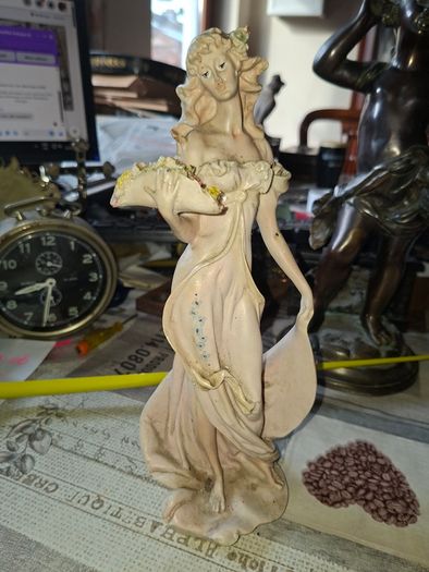 Beautiful Old Figurine distinctive Art Nouveau style of Italian sculptor, depicting an elegant woman in a flowing pastel gown holding a floral arrangement, Postage Available or Collection