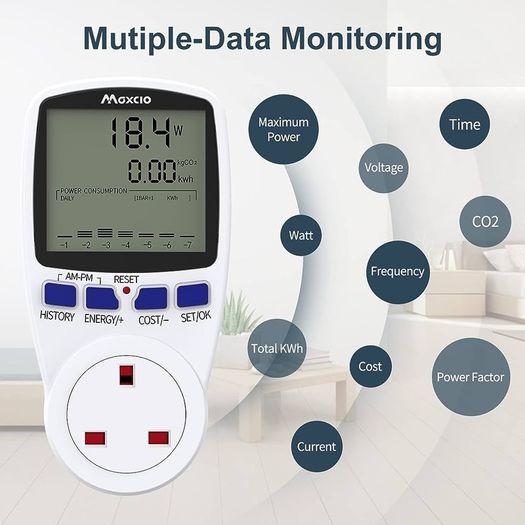 Maxcio Power Meter Energy Monitor Dual Tariff with Backlight LCD Display UK Plug, Upgrade Electricity Usage Monitor Consumption Analyzer Voltage Amp Watt KWH Outlet Power Meter Socket for Home/Office