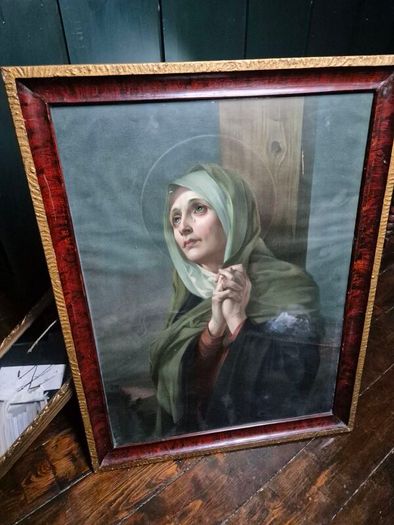 Vintage 1934 large print Mater Dolorosa glass wood framed