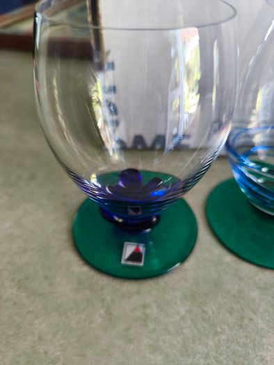 SET OF 5 , 1920 s Art Deco Czech Republic Cobalt Blue Green On Clear Glasses