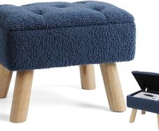 Storage Ottoman, Small Foot Stool Ottoman With Storage, Boucle Teddy Velvet Foot Rest With Padded Seat. (Dark Blue)