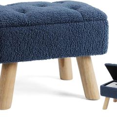 Storage Ottoman, Small Foot Stool Ottoman With Storage, Boucle Teddy Velvet Foot Rest With Padded Seat. (Dark Blue)