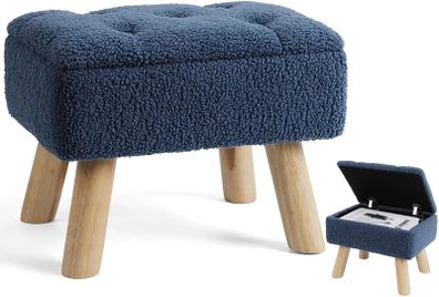 Storage Ottoman, Small Foot Stool Ottoman With Storage, Boucle Teddy Velvet Foot Rest With Padded Seat. (Dark Blue)