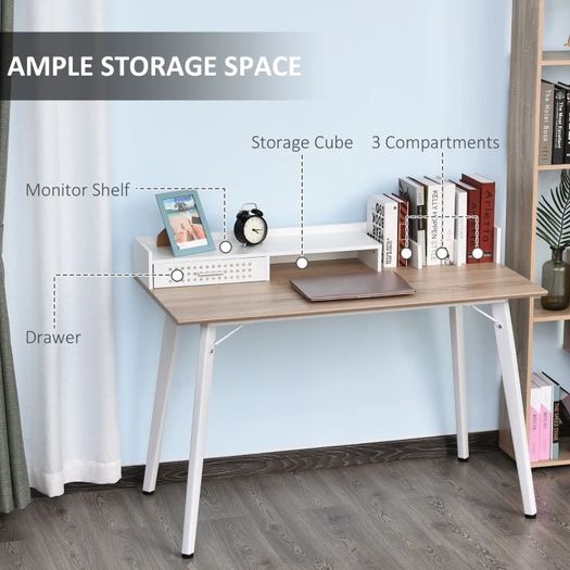 Computer Desk with Monitor Stand, Drawer and Storage Compartments, Compact Desk for Home Office and Small Spaces, White
