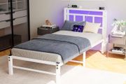 Single Bed Frame with Headboard&amp;LED Lights,Heavy Duty Metal Platform Bed Frame Single with Charging Station,
