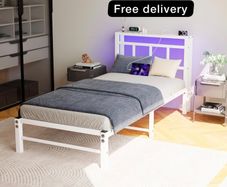 Single Bed Frame with Headboard&LED Lights,Heavy Duty Metal Platform Bed Frame Single with Charging Station,