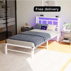 Single Bed Frame with Headboard&LED Lights,Heavy Duty Metal Platform Bed Frame Single with Charging Station,